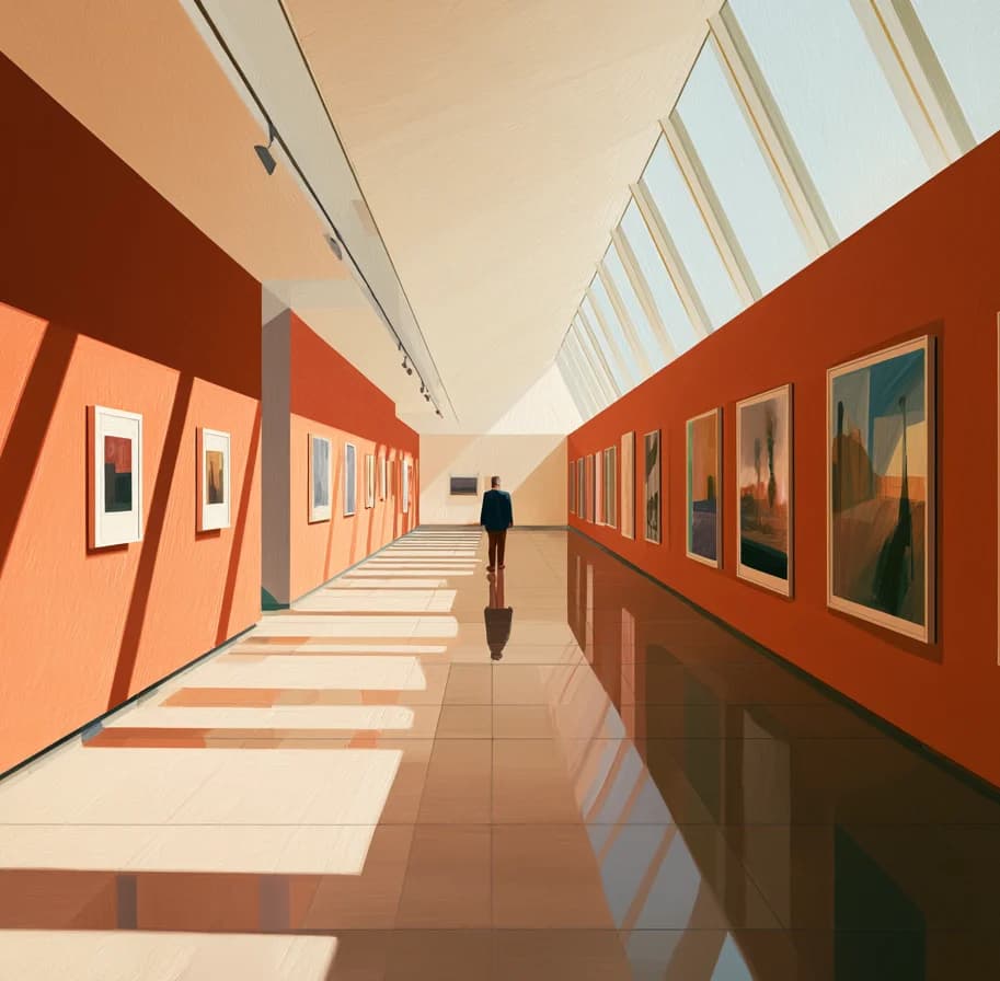 A sunlit civic gallery with artwork lining both walls.