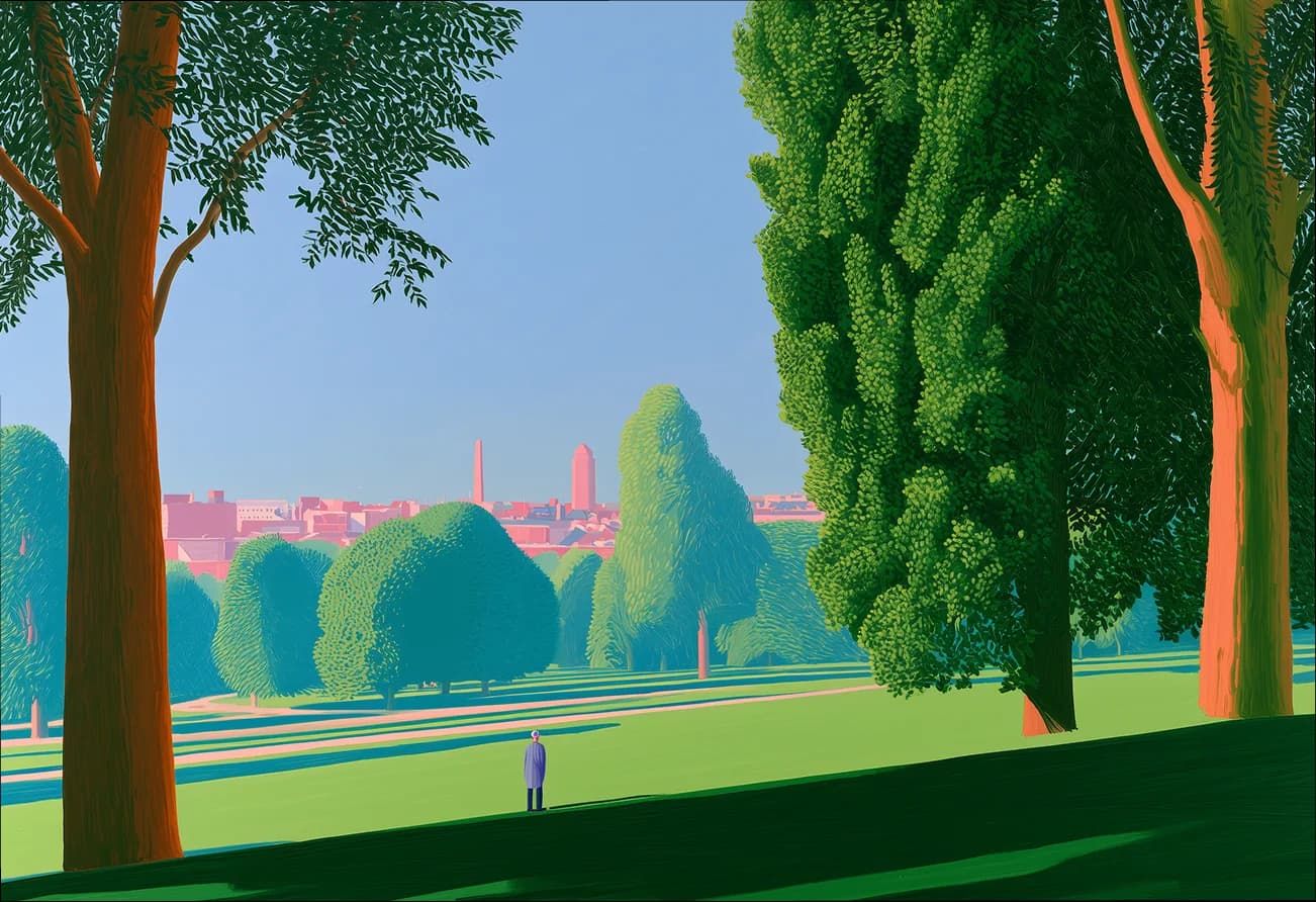 A park in full leaf, looking across mown grass and long shadows to a city skyline.