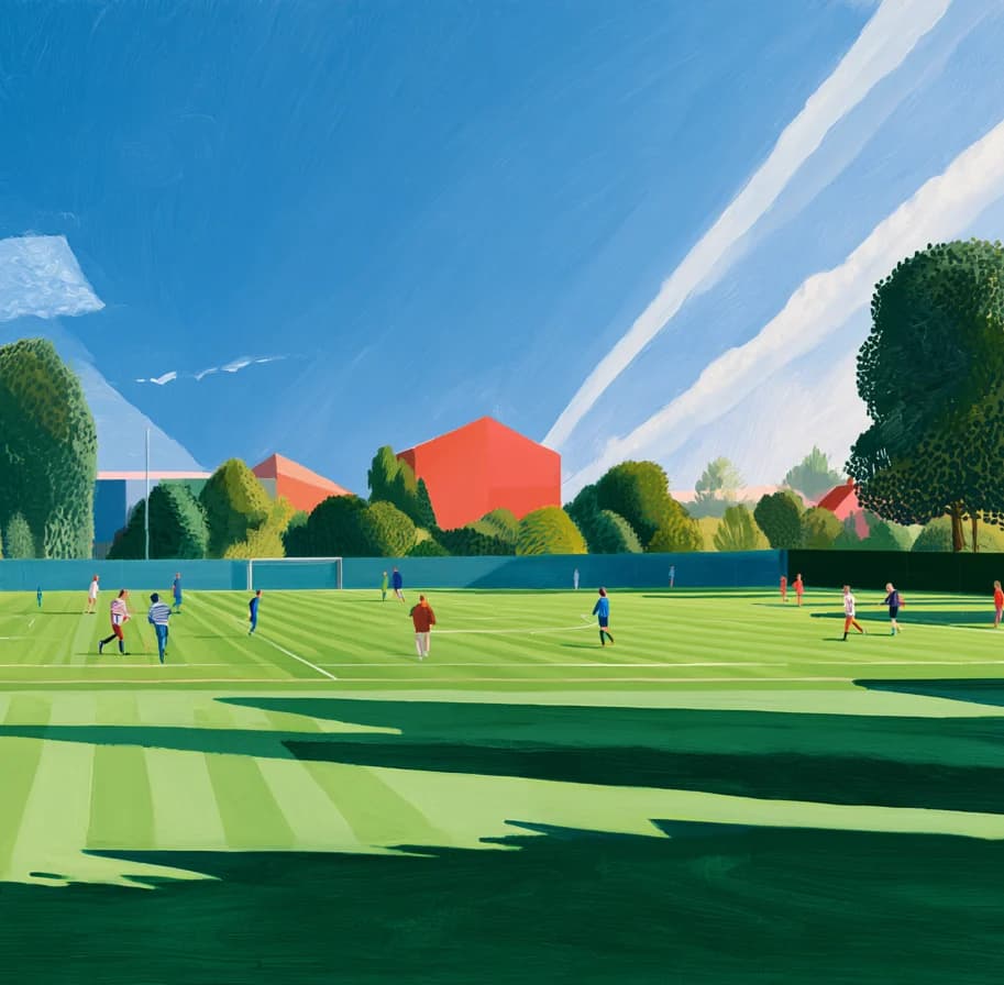 Players spread across a municipal sports field on a bright day.